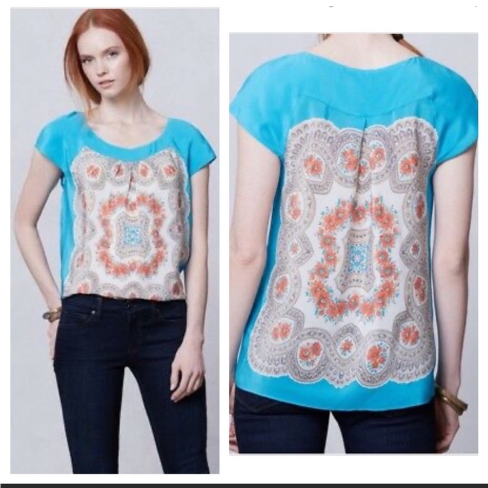Anthropologie Moulinette Soeurs Silk Top Size L Blue Chiffon Paisley